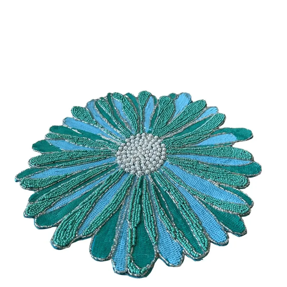 TAHARI HOME Glass Hand Beaded Charger Placemat 15in Blue Green Silver Floral NEW